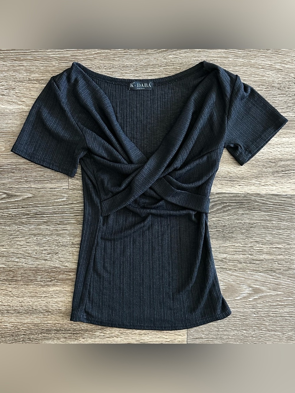 Dabagirl Short Sleeve Top Twist Front Detail Sheer Back V Neck Black Korean XS/S